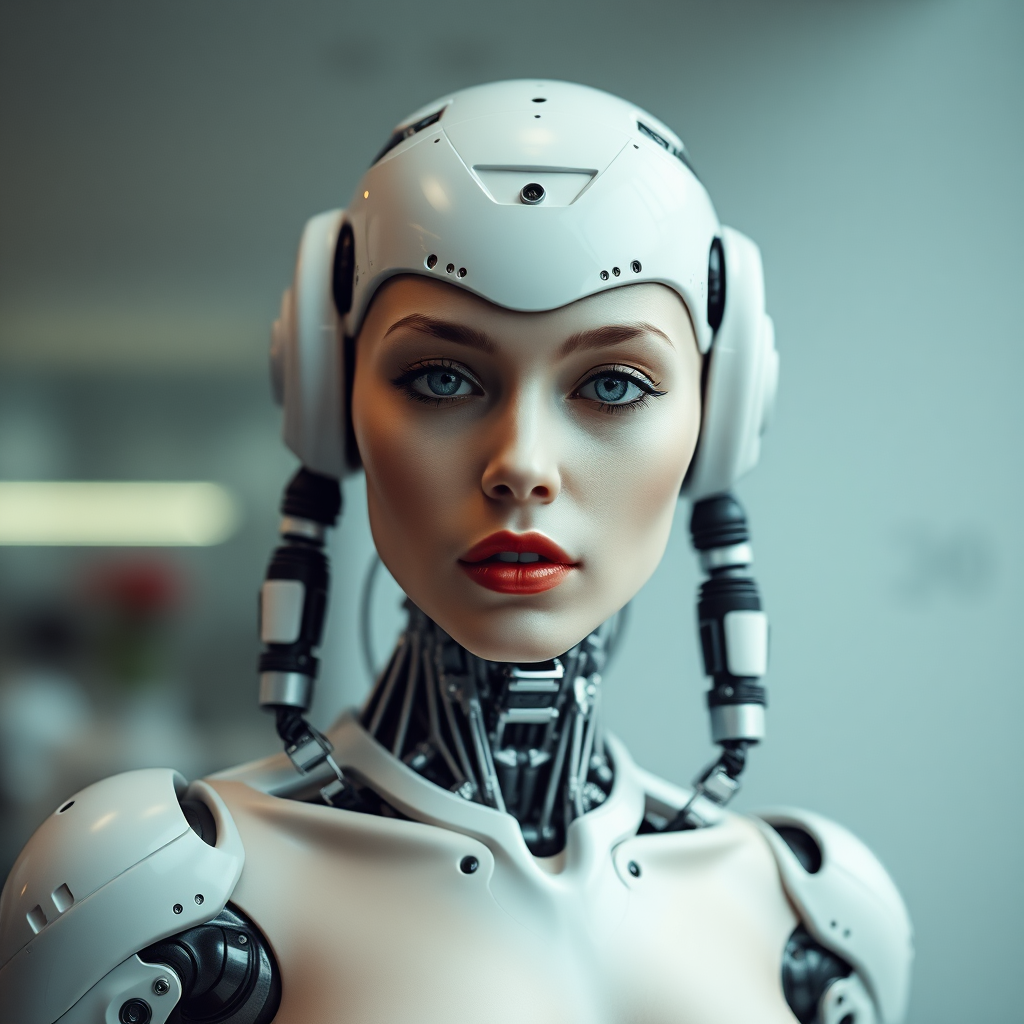 A photograph of a female cyborg with robotic nipples.