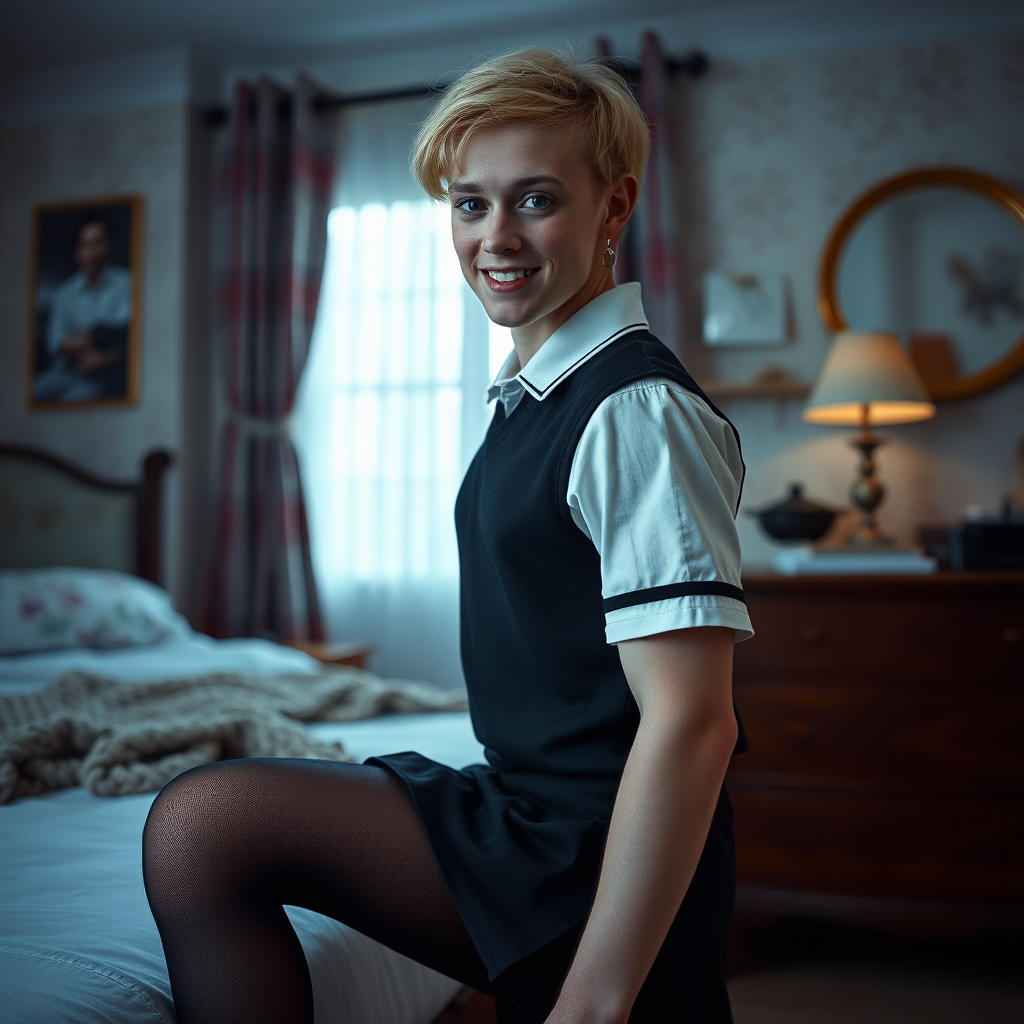 photorealistic, ultra high resolution, 16K, surreal fantasy, soft studio lighting, a pretty 16 year old goth male, slim male physique, short blonde hair, goth makeup, earrings, sheer black pantyhose, UK girls-school uniform, Mary-Jane shoes, in the bedroom - , excited smile, facing the camera.