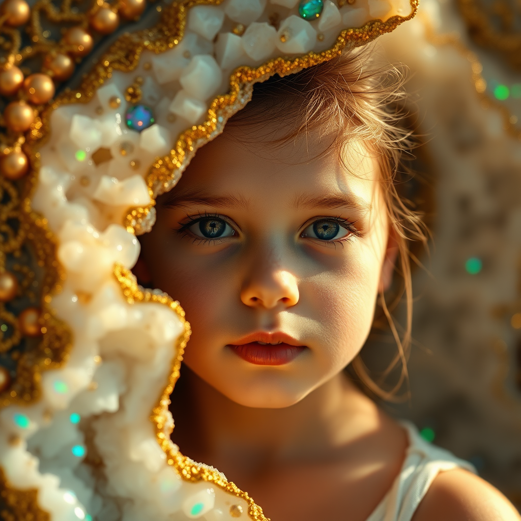 young girl, high quality photo, intricate environment, ultra-detailed, impressionistic, dynamic composition, artistic photograph, geode, alabaster, gold, fractal, brilliant colors, glittering, sunlight, illumination, transparency, translucent, opal