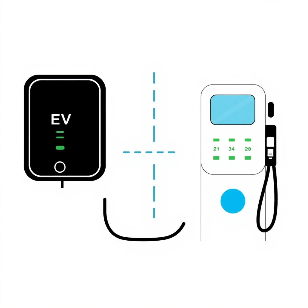 A simple illustration of a combined EV charger and gas pump device. The EV charger is on the left side of the image, and the gas pump is on the right side, with a visible border separating the two components in the middle. The overall design should have a clean, minimalist aesthetic.