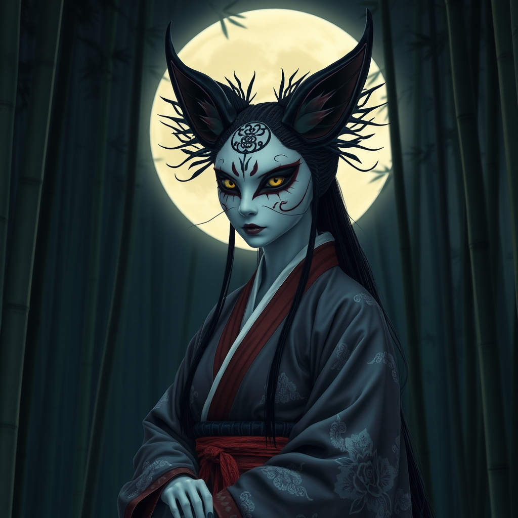 A Korean eerie-looking kitsune woman in an ancient Hanbok in front of the full moon in a bamboo forest.