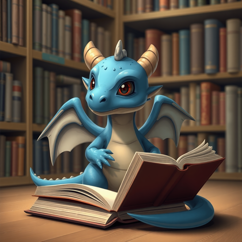 A realistic bored blue small dragon with two legs, two arms, black eyes with red pupils and wings in a library reading from a large book that is sitting on the ground beside him.