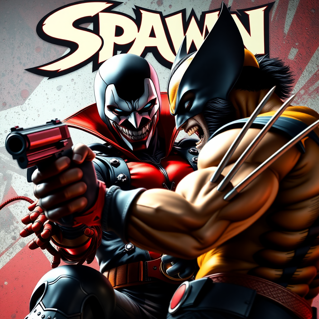 On a comic book cover is Spawn holding a gun Vs Wolverine in Cinematic Real3d photo-realistic quality.