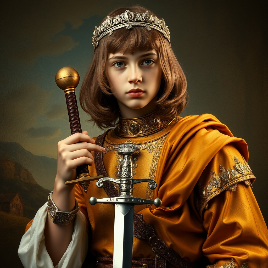 16yo teen boy prince, long bob cut, embroidered with gold and diamonds medieval cloths, diamond diadem, holds a sword in his hand + Beautiful War, natural Skin Texture, visualization of embossed Skin using the play of light and shadow. Free style by 50% Adolphe William Bouguereau and 15% Sandro Botticelli and 35% Otto Lomüller, The background is in the style of landscape style by Antonio del Polaiolo. Studio lighting, professional lighting. Generating the signature at the bottom: FluxBach. ultra high resolution, 16K,