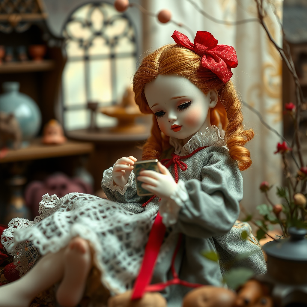 a porcelain doll playing, artists doll, high quality photo, intricate environment, ultra-detailed, impressionistic, dynamic composition, artistic photograph, matte texture