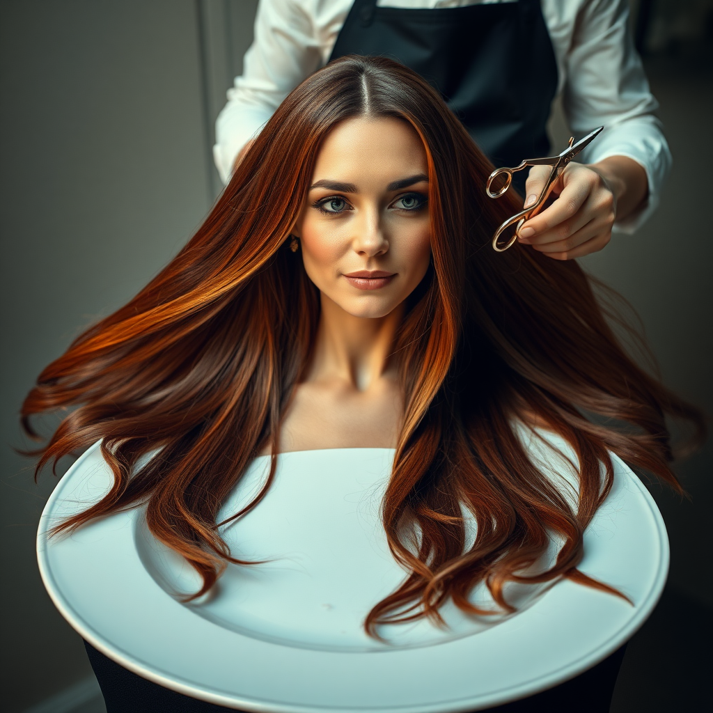 In a bizarre, surreal tableau, the polished surface of an elegant dining plate cradles the disembodied head of a strikingly beautiful Kate Middleton, her long, flowing hair cascading like a glossy waterfall of deep chestnut and honey highlights. The hair is luxuriously arranged, strands shimmering under the soft, ambient light that bathes the scene in an ethereal glow.

A skilled hairdresser, clad in a sleek black apron, stands poised with a pair of gleaming scissors, carefully trimming the endlessly luxurious locks that frame Kate's serene, almost ethereal features. The air is thick with the scent of salon products mingling with delicate hints of floral fragrances, creating an unusual yet strangely inviting atmosphere. The hairdresser's focused expression reveals a meticulous dedication as snippets of hair fall gracefully onto the pristine plate, echoing a sense of both artistry and absurdity.

The overall emotional tone conveys a dreamlike quality, inviting viewers to ponder the juxtaposition of beauty, identity, and the bizarre circumstances that bind them in this extraordinary moment.