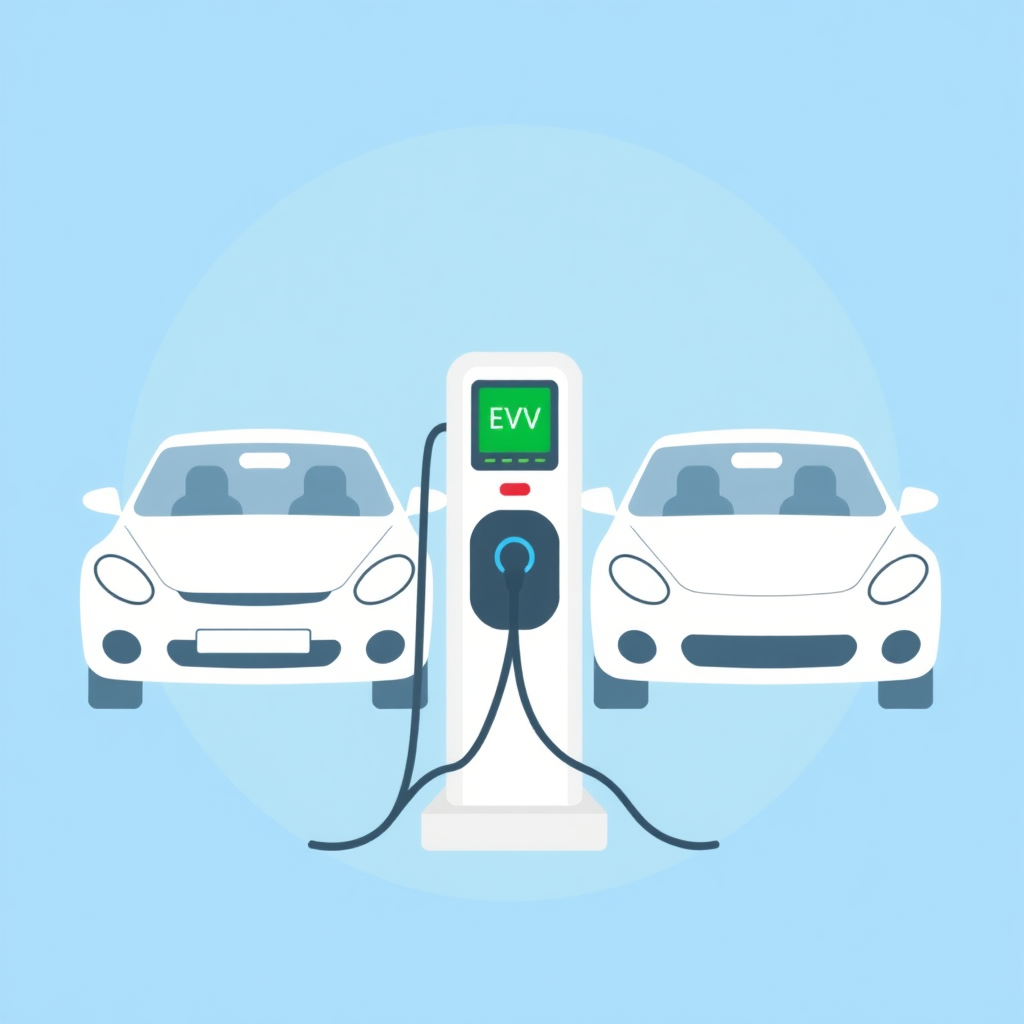 A simple flat illustration of an EV charger with two cars connected, one on each side, symmetrical.