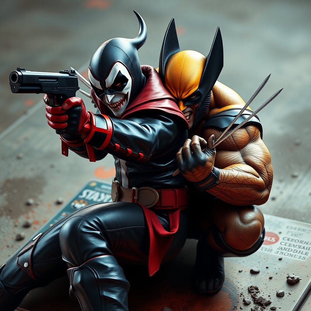 On a comic book cover is Spawn holding a gun Vs Wolverine in Cinematic Real3d photo-realistic quality.