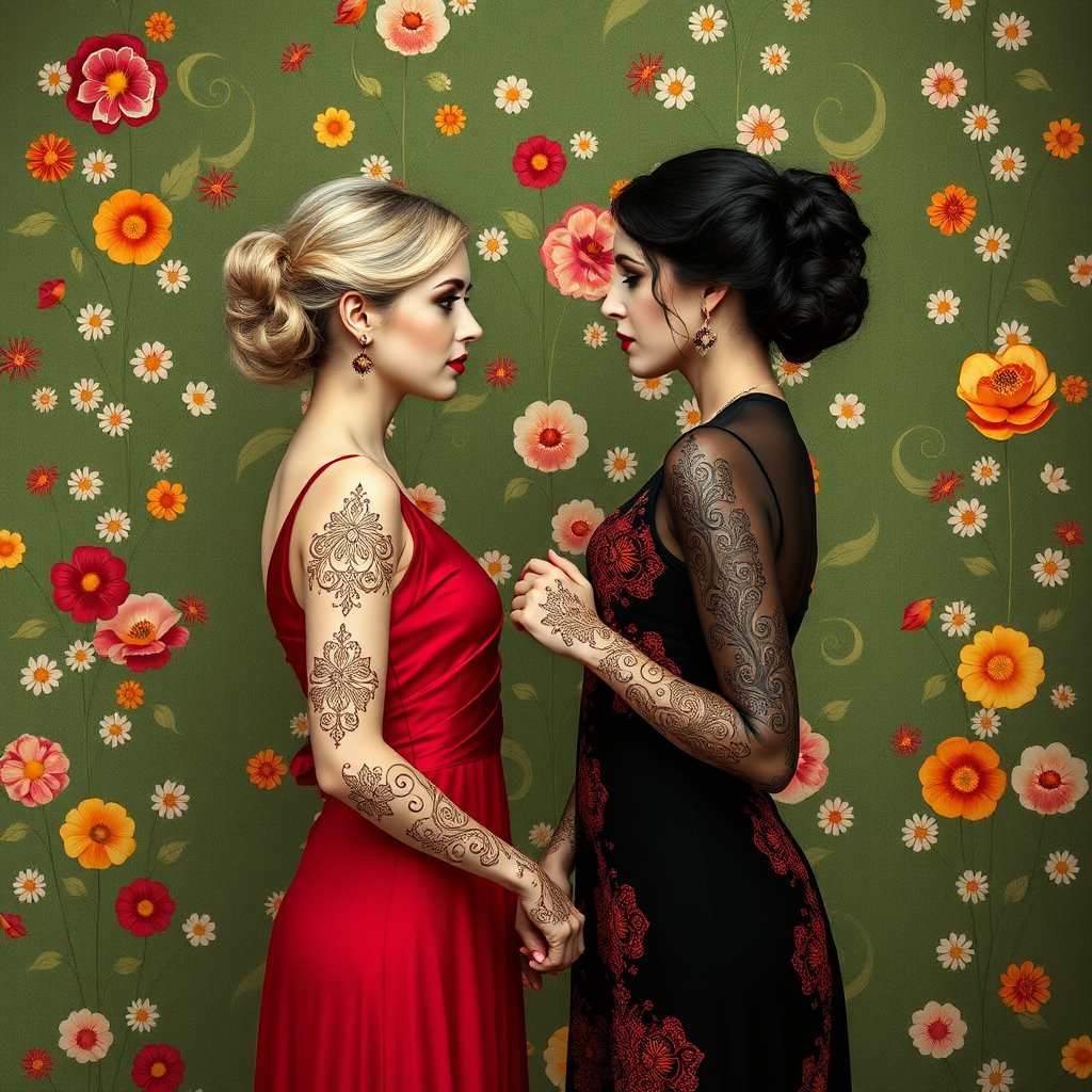 Promt by picture with: In the Max Klimt style. Women (one is blonde and one is black-haired) with filigree henna tattoos on their hands and arms stand in front of an Art Nouveau wallpaper with many small colorful flowers painted on a green background. They stand in a circle and hold each other's hands. You have very, very white make-up skin. The hairstyles are updo hairstyles in Art Nouveau.