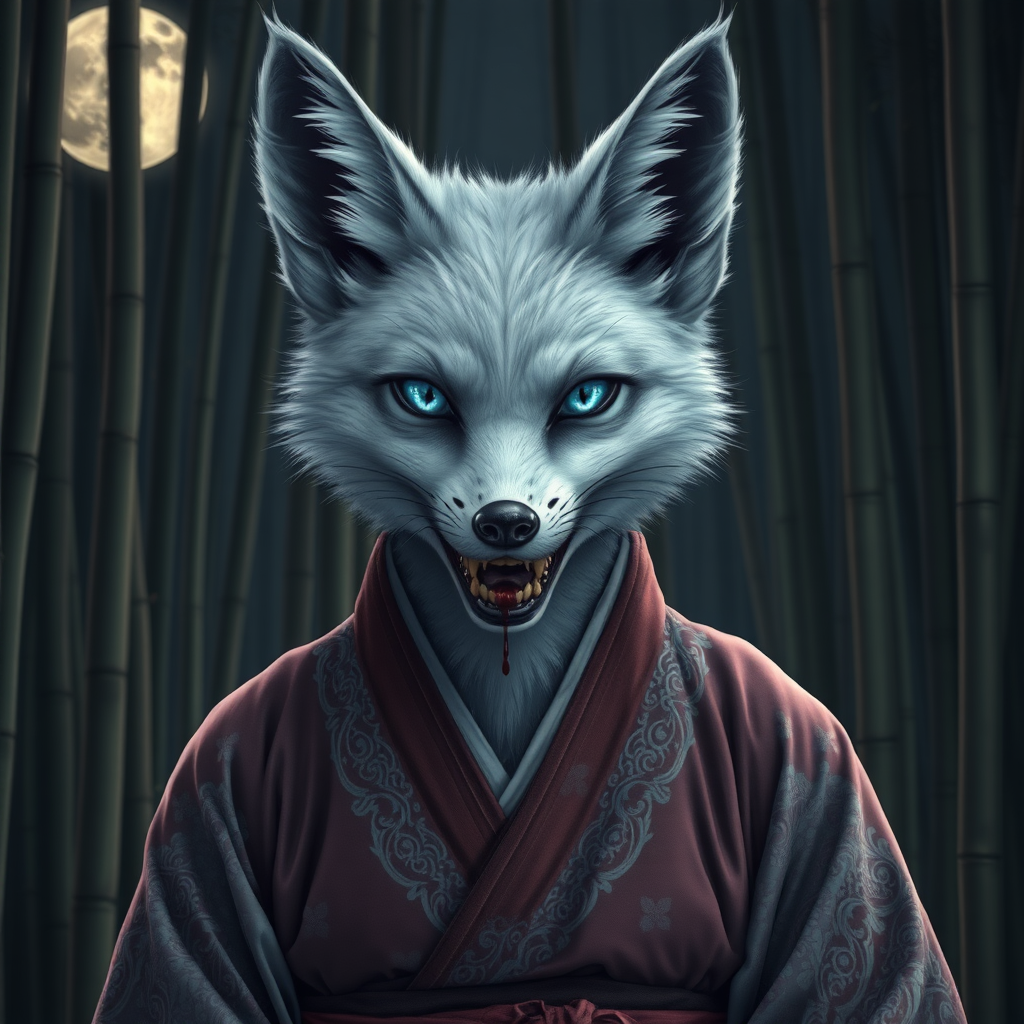 a eerie-looking silverfox with blue eyes in a female Korean hanbok the mouth half open with blood on the teeth, in front of the full moon in a bamboo forest