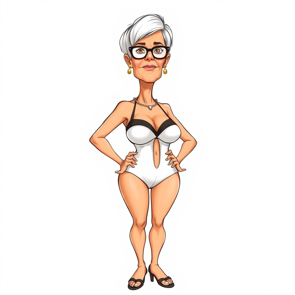 a towering 55 Years old, fit, slim, European, Latina, sharp aquiline nose, wrinkles, high cheekbones, Middle Eastern, Skinny, Tanned skin, Dark light skin, Rounded Medium breasts, Skinny thighs, full Makeup, jewelry, Serious face, Sharp nose, Ash hair, short bowl haircut, Brown eye color, Glasses, with detailed features. Hands on hips, she is wearing black balconette bras and a white open front high cut one piece slingshot swimsuit, detailed fabric. full body, high heels sandals, she is gesturing at the viewer, long establishing shot, 2D, caricature, cartoon, Sketch lines, coloring book, black and white, coloring book style on white background, well composed, clean coloring book page, No dither, no gradient, strong outline, No fill, No solids, vector illustration, realistic proportions