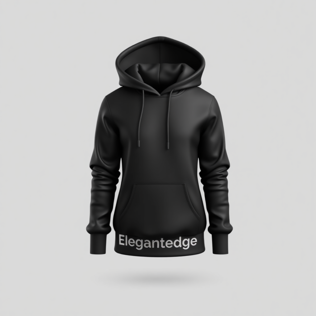 **Prompt for 3D Modeling Icon - Hoodie for Elegantedge:**

Create a sleek, modern 3D icon of a **hoodie** that reflects the **Elegantedge** brand. The hoodie should be depicted in a minimalistic, stylish form with smooth, curved lines to showcase its premium quality and design. Incorporate subtle detailing like drawstrings, cuffs, and a front pocket to make it recognizable as a hoodie.

The **Elegantedge** name should be subtly integrated into the design, either embossed or engraved along the hem or hood, with a refined font to convey elegance. Use a monochromatic color palette (black or dark grey) for the hoodie, with metallic accents or a soft sheen to give it a luxurious, high-end feel. The overall look should communicate both **elegance** and **edginess**, staying true to the brand's identity.