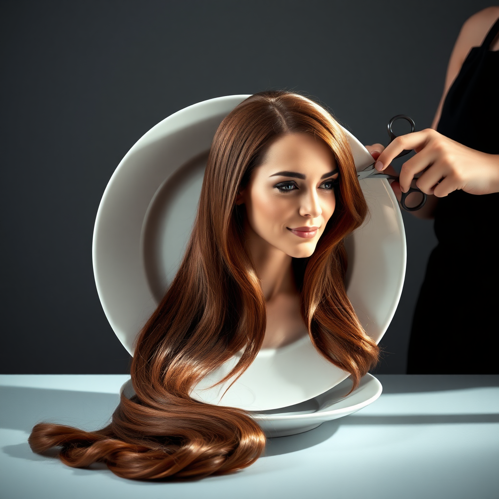 In a strikingly surreal scene, a beautifully crafted porcelain plate holds the disembodied head of a graceful Kate Middleton, her long, flowing hair cascading around like a luxurious waterfall of silky strands, shimmering in various shades of deep chestnut. Each hair seems to catch the light, creating an almost ethereal glow. Nearby, a meticulous hairdresser, dressed in a sleek black apron, carefully snips away at Kate's locks with precision scissors, their actions fluid and deliberate, emphasizing the delicate artistry of the moment.

The setting boasts minimalist decor, with a plain gray background that heightens the focus on this bizarre tableau. Soft shadows play across the smooth surface of the plate, enhancing the haunting beauty of Kate's serene expression, which conveys both elegance and an uncanny sense of stillness. The atmosphere is a blend of surreal calm and unsettling intrigue, pulling the viewer into a dreamlike space where reality and imagination intertwine. Gentle noises of scissors softly clipping away hair are the only sounds in this peculiar yet captivating scenario, heightening the tension and drawing viewers into this striking juxtaposition of beauty and the bizarre.