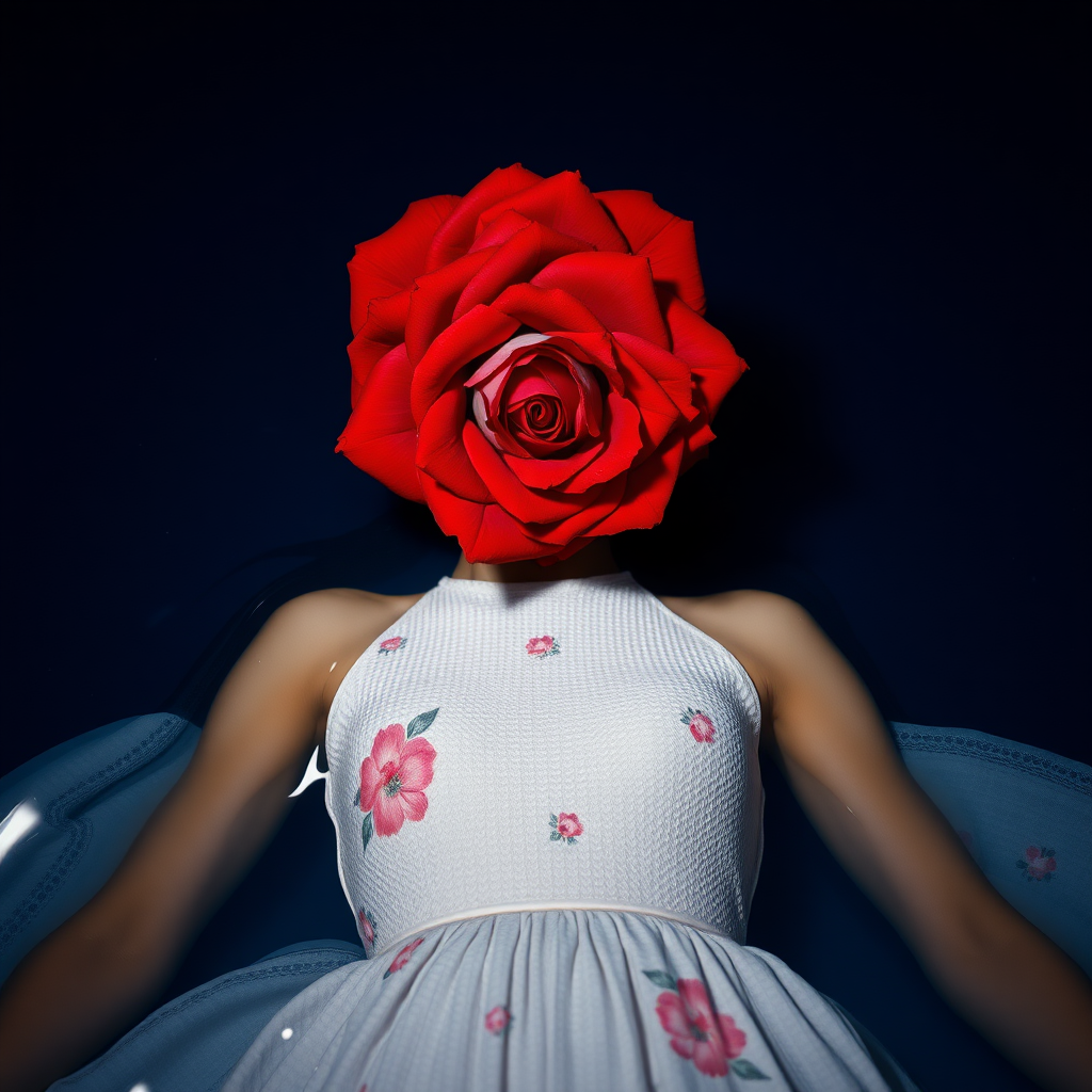 A red rose bouquet head, no human, front view, wearing a white textured dress with pastel minimal floral print design, closeup shot, hyperrealistic, lying inside water with blue and pink effect, nighttime, dark