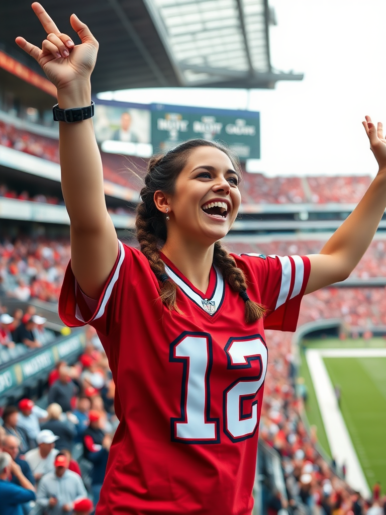 Female NFL fan, extremely attractive, hollering, pigtail hair, jersey, arms raised, jumping inside bleachers, crowded, NFL stadium