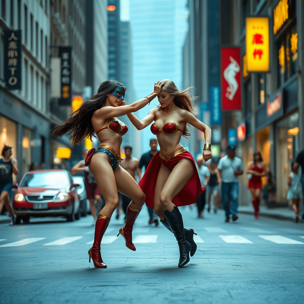 two super heroines fighting naked in a busy street