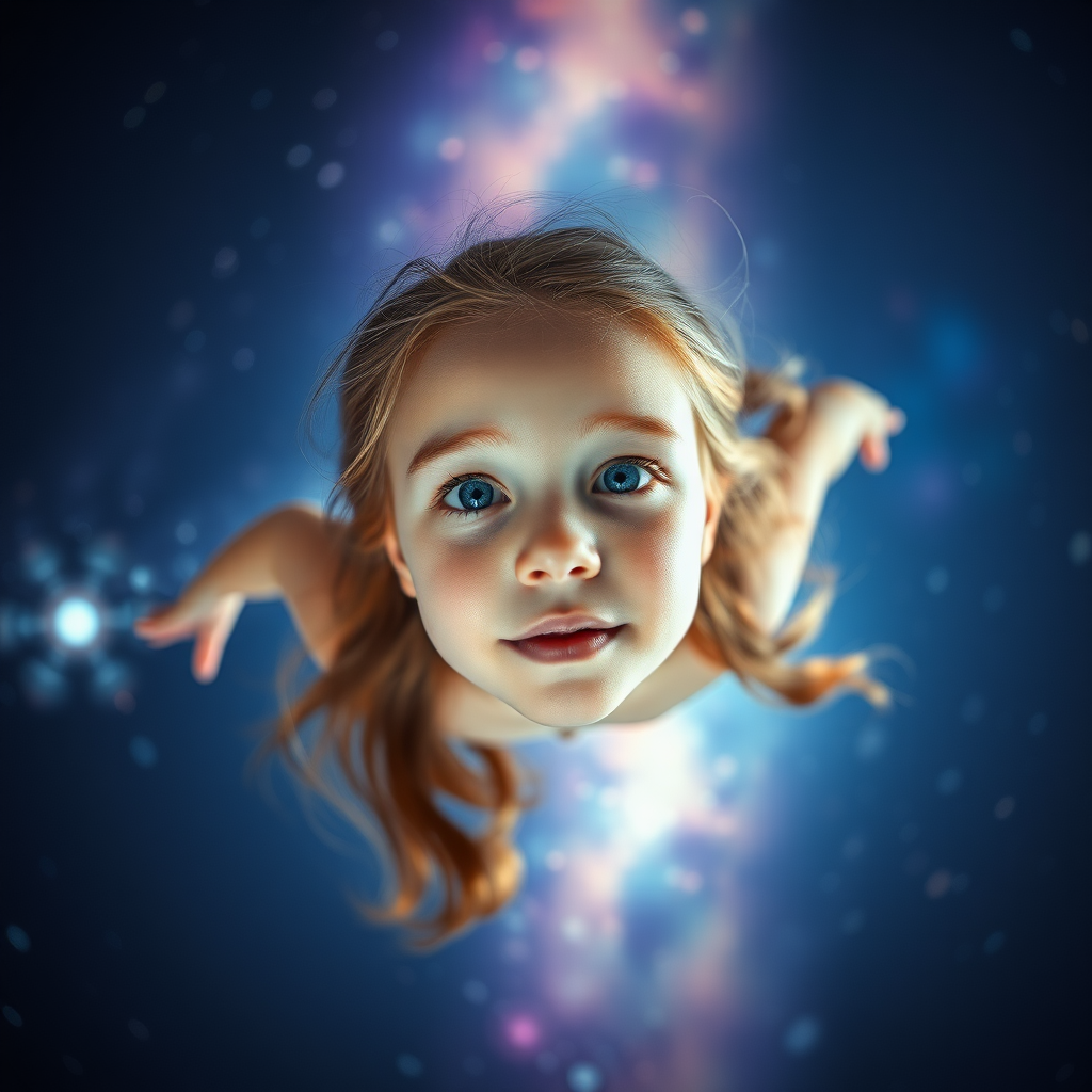 preteen girl floating in space, Low Key Lighting, dreamscape, nebula, Bokeh, abstract, brilliant colors, glittering, translucent, iridescent, natural skin, glowing, artistic photo, wide angle, cute, interesting, microscopy, airy, original, experimental, refraction