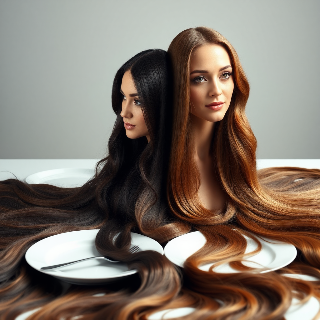 Surreal image of the disembodied heads of very long haired Meghan Markle and Kate Middleton served on plates. Their beautiful hair spread out all over the table.