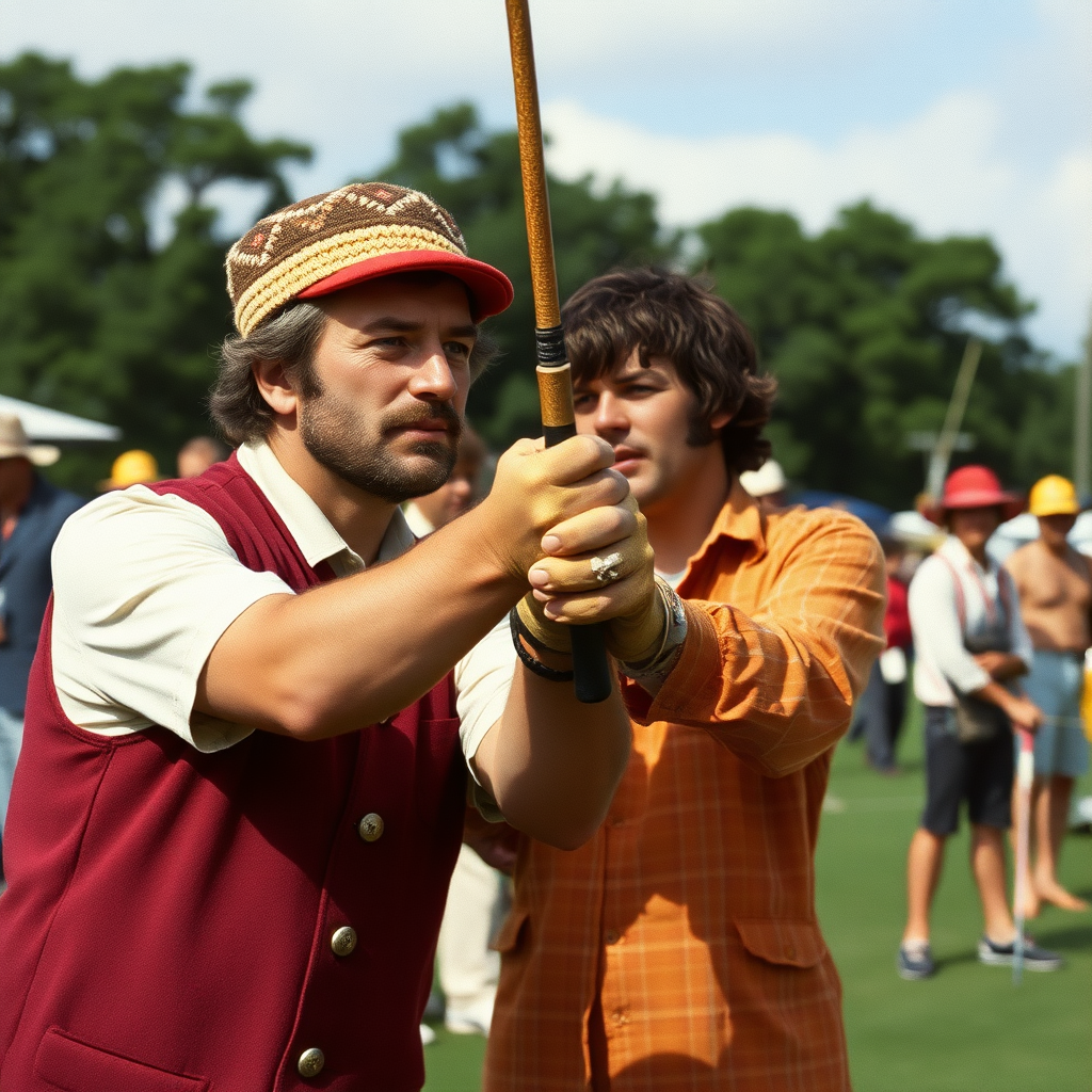 Highly detailed Kodachrome color real British surreal photograph from 1978 of August saw a contest fit for Kings  
From far and wide they came to trade their swings  
Little grubs with stone-age clubs  
And tanners' sons with foxes gloves  
They came to face the stiffest course since Tring