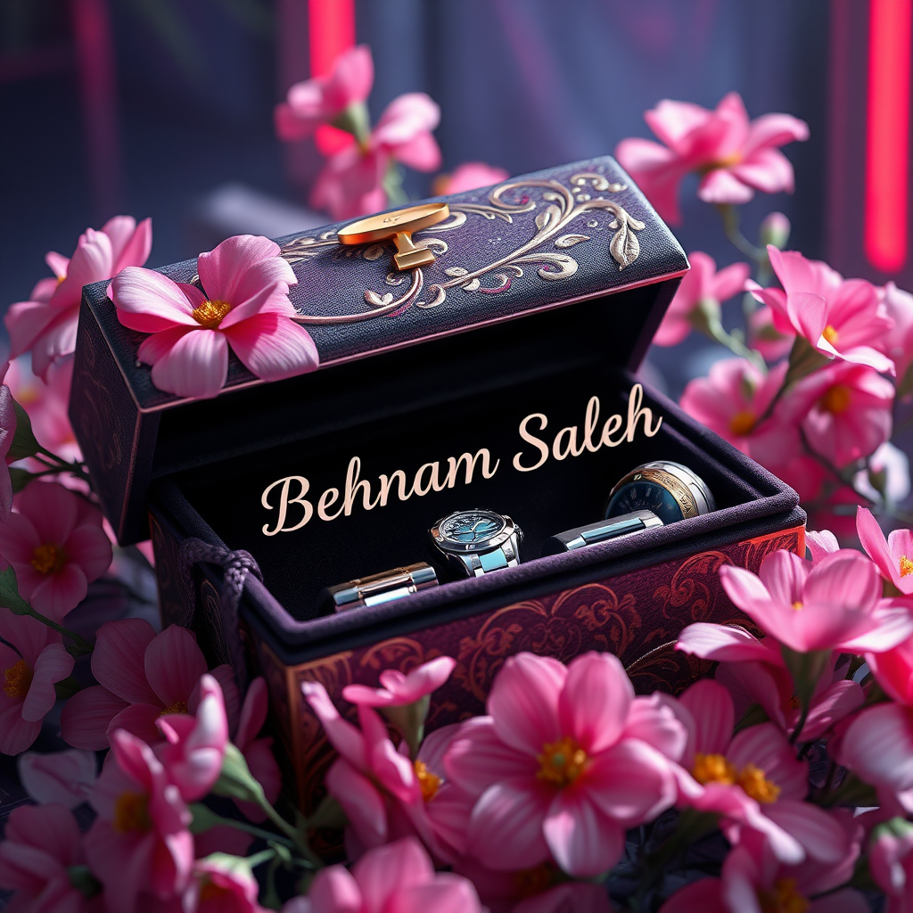 ### **Title:**
**"Behnam Saleh's Exquisite Birthday Gift"**

### **Artistic Vision:**
Create a mesmerizing digital art masterpiece that seamlessly blends hyper-realistic detail with a vibrant, cinematic atmosphere. The artwork should evoke a lasting emotional impact, inviting viewers to explore themes such as the delicate balance between luxury and personalization, and the joy of gifting. This piece aims to captivate audiences with its elegance, sophistication, and profound symbolic resonance, making it the perfect visual representation of a memorable birthday present.

### **Scene Description:**
Depict an exquisitely crafted gift box adorned with intricate detailing, prominently featuring the name "Behnam Saleh" in a sleek, modern font. The box should appear partially open, revealing a collection of luxurious and personalized items inside, such as a high-end watch, elegant jewelry, or a custom-made accessory. Surround the box with delicate pink primroses and daisies, creating a striking contrast against the box's dark, velvety interior. The composition should exude elegance and sophistication, enhanced by hyper-realistic rendering techniques that add depth and dimension. Embrace a neon-infused, dark fantasy aesthetic to create a visually stunning and emotionally evocative scene.

### **Key Artistic Elements:**
- **Lighting & Atmosphere:** Utilize neon lighting to create a cinematic and conceptual ambiance, blending vibrant colors with dark fantasy elements.
- **Color Contrast:** Achieve a stunning contrast between the bright pink flowers and the dark interior, emphasizing the focal points.
- **Textures:** Incorporate varied textures, from the sleek surfaces of the luxury items to the intricate detailing of the gift box, enhancing tactile realism.
- **Composition:** Employ off-center placement for the box and its contents to guide the viewer's eye through the scene, balancing intimate close-ups with the broader setting.
- **Symbolism:** Infuse the artwork with subtle symbolic motifs that provoke contemplation on themes like the joy of giving, the value of meaningful gifts, and the personalization of luxury.

### **Technical and Artistic Specifications:**

- **Resolution & Display:**
  - Render in stunning **8K UHD** resolution, ensuring crisp detail and vibrant colors suitable for high-profile platforms like ArtStation and Behance.

- **Digital Art Techniques:**
  - Utilize advanced software such as **Corel Painter**, **ZBrush**, and **Adobe Photoshop** to achieve exceptional 3D volume, precise shading, and ultra-fine detailing.

- **Materials & Textures:**
  - Incorporate high-quality digital pigments, metallic flakes, and glass bead effects to ensure textures appear vibrant and dynamic under various lighting conditions.

- **Lighting & Depth:**
  - Implement a tranquil chiaroscuro effect with a subtle interplay of light and shadow, enhancing depth and clarity.
  - Use soft, delicate colors complemented by nuanced shades of grey, black, and white to add depth without overwhelming the scene.

- **Rendering Quality:**
  - Apply advanced rendering techniques and 3D volumetric effects for unparalleled detail and sharpness.
  - Include hyper-realistic pencil sketch textures to emphasize intricate details.

- **Composition & Focus:**
  - Emphasize gentle, lifelike depth and striking details with a cinematic close-up approach.
  - Use a balanced **f/11 aperture** and a raw photographic style with advanced v6 enhancements to render vivid colors and minute details at an unparalleled level of realism.

- **Overall Harmony:**
  - Achieve maximum harmony across all elements, resulting in a balanced and cohesive composition that captivates both technically and emotionally.

### **Additional Elements to Include:**
- **Symbolism:** Integrate subtle gestures, expressions, or symbolic motifs to add deeper emotional resonance, encouraging viewers to reflect on the depicted themes.
- **Detailing:** Ensure impeccable draughtsmanship with flawless precision in the luxury items and botanical accuracy in the primroses and daisies.
- **Lighting Effects:** Utilize the interplay of light and shadow to evoke lifelike realism and enhance the dreamlike atmosphere.
- **3D Volumetric Effects:** Add depth and spatial qualities to create a more immersive visual experience.
- **Hyper-Realistic Textures:** Ensure all textures appear tactile and vibrant, enhancing the overall realism of the artwork.

### **Final Outcome:**
The final artwork should be a compelling masterpiece that captivates viewers, encouraging them to pause and reflect long after experiencing it. It should demonstrate peerless technical mastery combined with a profound artistic vision, affirming art's vital role in cultural and intellectual life. The signature on the piece should signify its stature, standing proudly alongside works by history’s masters.