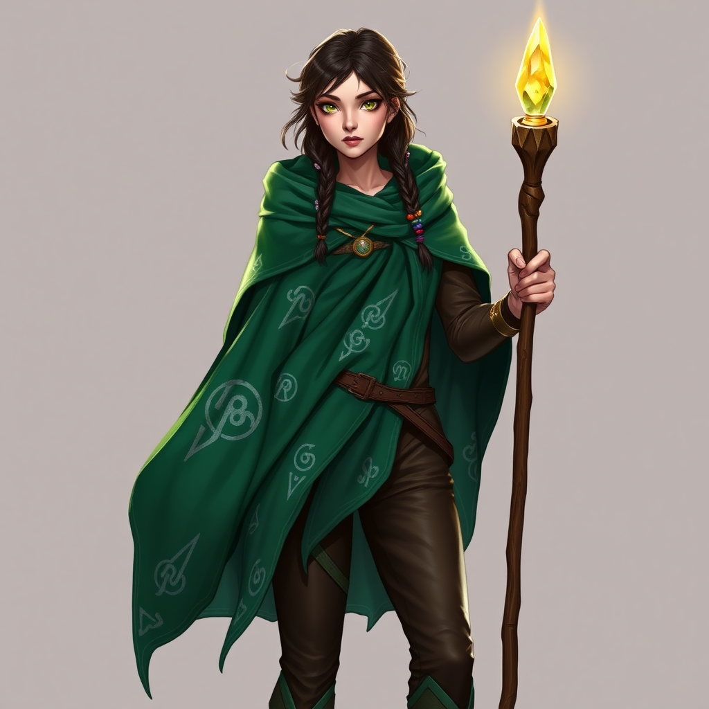 Name: Elara Windwhisper  
Gender: Female  
Age: 28  
Clothes: Elara wears a flowing emerald green cloak adorned with silver runes that shimmer in the light. Underneath, she has a fitted leather tunic and trousers, perfect for agility and stealth. Her long, dark hair is braided with small feathers and beads, and she carries a slender wooden staff topped with a glowing crystal, symbolizing her connection to nature and magic.