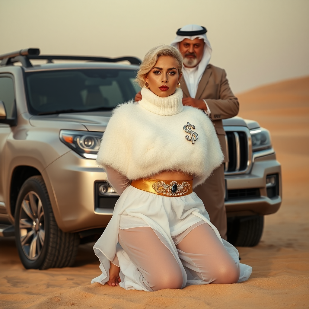 Kuwait desert dunes misty dawn, full size luxury SUV: Melissa, European 17 years old very convincing femboy “trophy-bimbo”, tamed servile docile, very beautiful feminine flawless face, rather short, by hormones very curvaceous womanly figured, platinum blond short tight curls, bold red lips, heavily made-up face, wearing Supertanya-style fluffy very fuzzy bright white angora turtleneck-poncho cropped ending under bust decorated with pearls and gemstones, striking oriental wide gold bridal protection belt, white fully transparent harem pants, full Oriental bridal jewelry including headpiece, nose-ring, coin anklets, striking diamond “$$$” letter brooch on left chest, pout frustrated, hands tied behind back, kneeling in sand in front of SUV, looking at camera. Focus on face and turtleneck-poncho. Standing behind Melissa: older overweight tall proud sheik, approvingly padding Melissa.