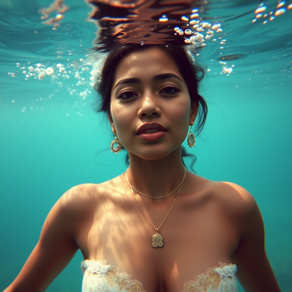 Indian ladyboy exposes penis underwater.