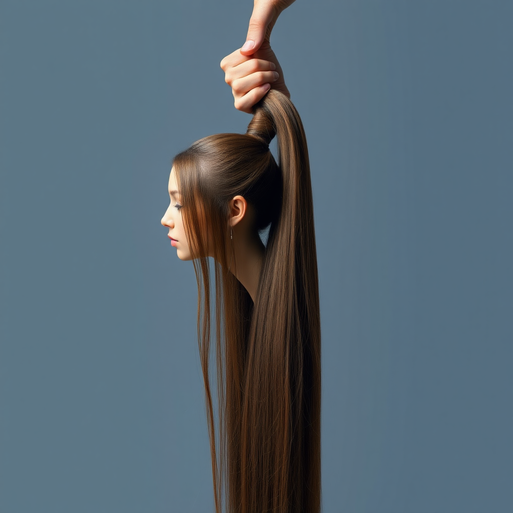 Surreal image of a very long haired woman's beautiful disembodied head hanging by her very long hair. Her very long hair is gathered at the top of her head into a long ponytail that stretches upward into a grasped hand. Plain gray background.