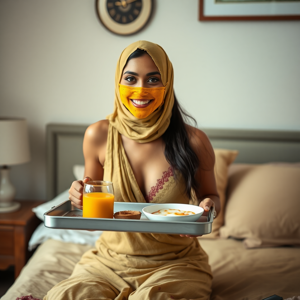 slim, 30 year old, sexy, indian wife, small face veil, turmeric face mask. She is smiling and serving breakfast on a tray on bedside table