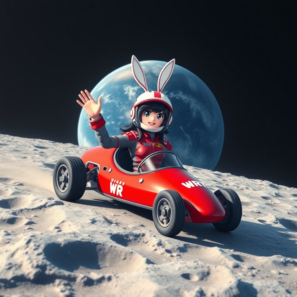 On the surface of the Moon, dotted with many craters, there is a red lunar racing car with "WRT" written on it. A black-haired beauty racer, wearing a racing helmet adorned with upright white bunny ears, is joyfully waving one hand, with the huge blue Earth in the background.