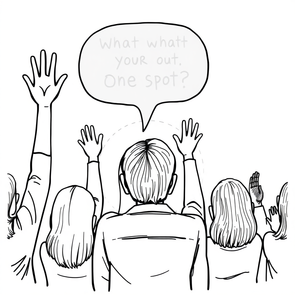 Create an image with 10 women in ages 40 to 70 years old raising one hand because they want the only spot that is available at the clinic to perform MRI, the doctor is stressed about deciding who will get the spot. The style is a drawing with only black ink. The background should be transparent, not white.