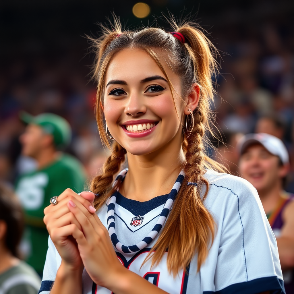 Attractive female NFL fan, pigtail hair, cheering