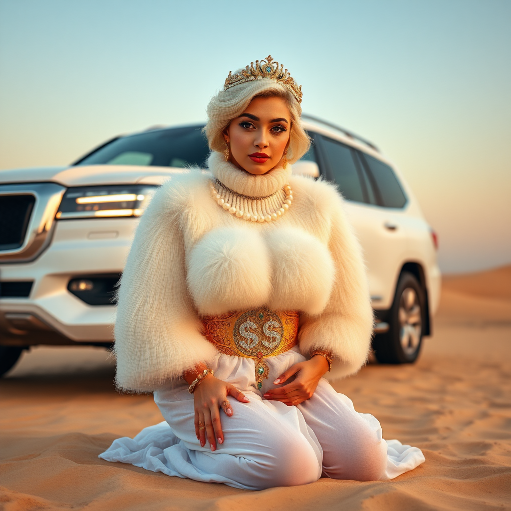 Kuwait desert dunes misty dawn, full size luxury SUV: Melissa, European 17 years old very convincing femboy “trophy-bimbo”, tamed servile docile, very beautiful feminine flawless face, rather short, by hormones very curvaceous womanly figured, platinum blond short tight curls, bold red lips, heavily made-up face, wearing Supertanya-style fluffy very fuzzy bright white angora turtleneck-poncho cropped ending under bust decorated with pearls and gemstones, striking oriental wide gold bridal protection belt, white fully transparent harem pants, full Oriental bridal jewelry with striking headpiece, full Oriental face-jewelry, striking diamond “$$$” letter brooch on left chest, pout frustrated, hands tied behind back, kneeling in sand in front of SUV, looking at camera. Focus on face and turtleneck-poncho.