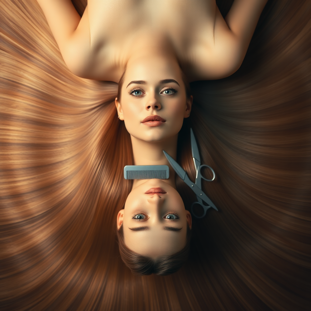 A beautiful woman laying on her back staring up at the camera. Her very long hair meticulously fanned out in a geometrically precise semicircle to display its length and beauty. A comb and scissors are set on her fanned out hair inviting the viewer to cut her hair.