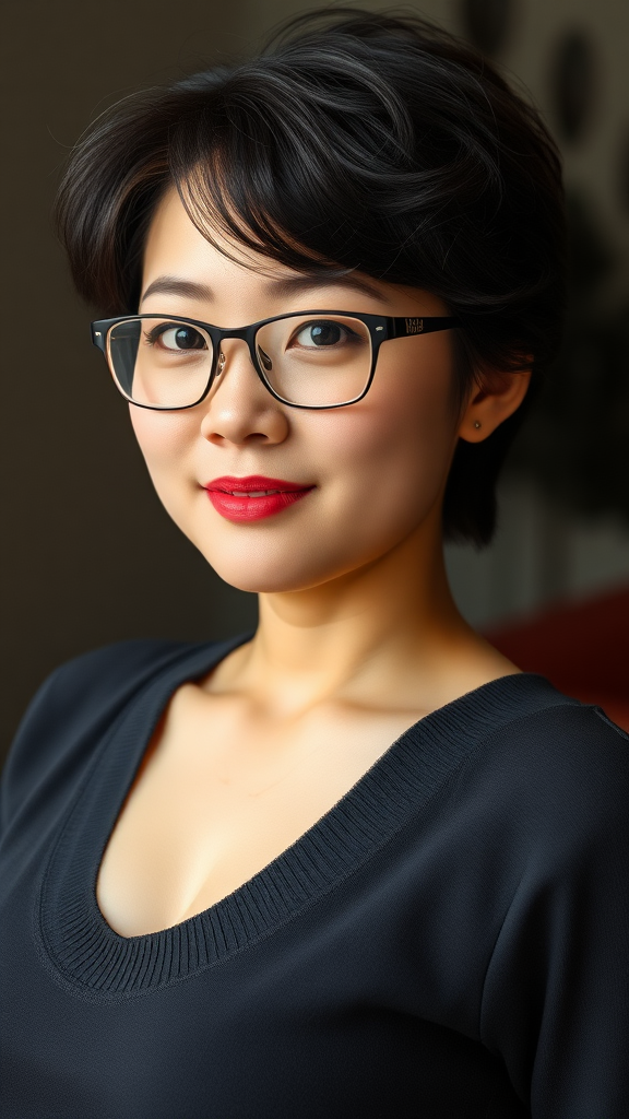 A beautiful Chinese woman, 30 years old, with short curly hair, wearing glasses, has a full figure, and a small chest.