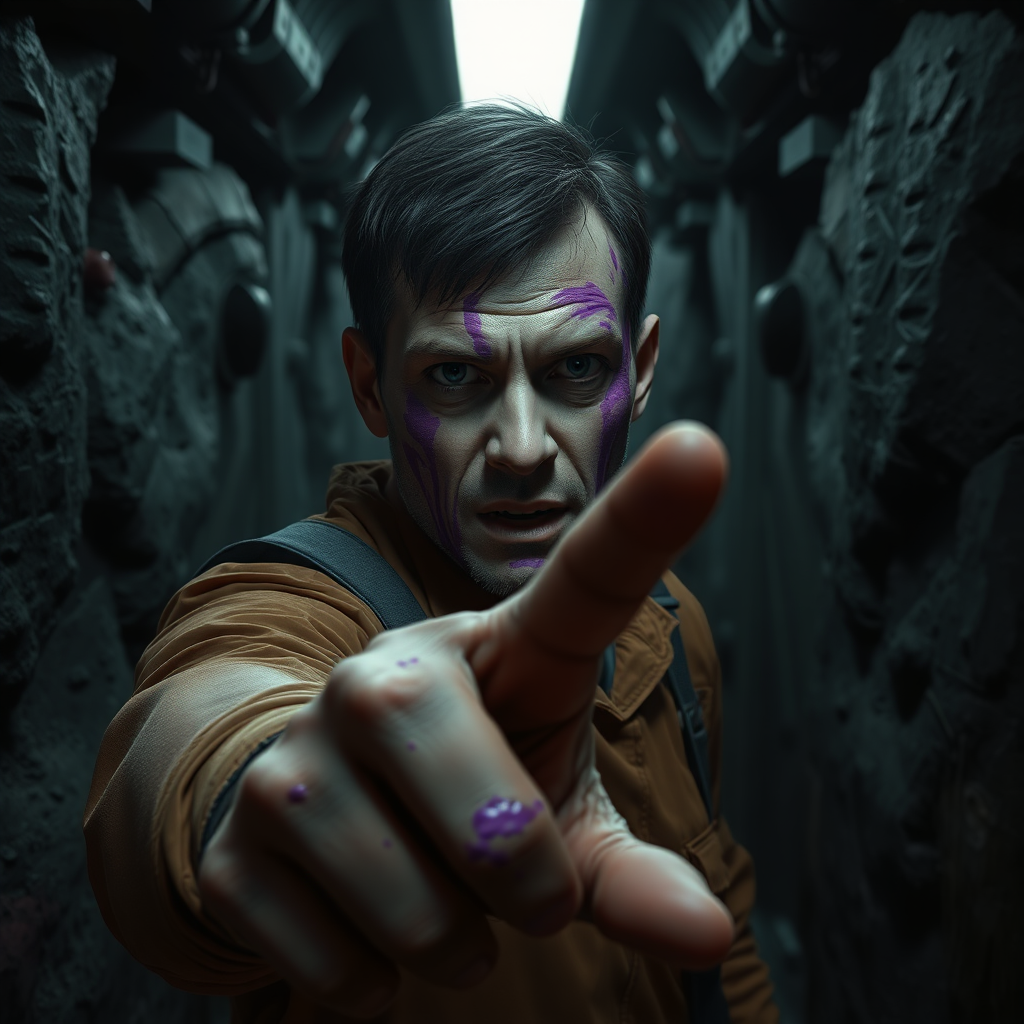 Cinematic sci-fi horror digital painting. Crew member approaching the viewer with one arm reaching out. Consciousless aggressive facial expression. Purple slime smears on face and hands. Dark rocky industrialized corridor.