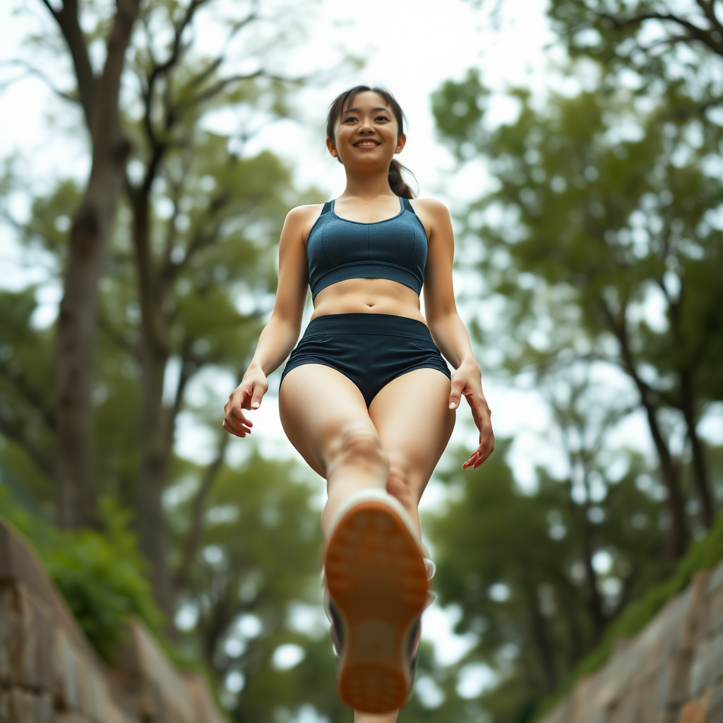 photo full body shot low angle view Hina Kikuchi wearing sports bra. She is walking and smiling. The image is shot from below. The sole of her foot is visible.