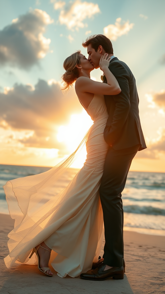 In the background, Nicole Kidman and Tom Cruise are elegantly dressed, she in high-heeled shoes and he in patent leather shoes, he passionately kisses the bride, with the sea and a beautiful beach in the background, a sunset sky with sun rays and clouds. ultra-high definition 16K