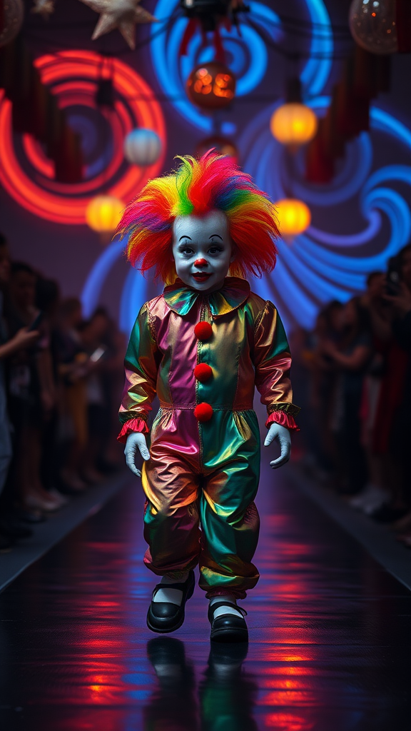 Create an eerie yet captivating scene featuring a small, 1 year old child-like clown walking confidently down a dark runway, surrounded by spectators. The clown wears a brightly colored, rainbow wig that contrasts sharply with its pale, white painted face. The face has exaggerated, creepy makeup with thick red lips, black eyebrows, and large red circles on the cheeks. The clown is dressed in a shiny, iridescent jumpsuit with vibrant rainbow patterns, slightly oversized and reflecting the soft glow of the stage lights.

The background features swirling, abstract light patterns in blue, orange, and yellow hues, creating a surreal and unsettling atmosphere. The audience, dimly lit on either side, holds up their phones and cameras to capture the moment, but their faces are mostly obscured in the shadow, adding to the mysterious mood. Overhead, several more colorful lights and hanging decorations give a circus-like vibe, but the overall tone is more eerie than playful. The ground is wet, reflecting the lights above, creating a sense of depth and texture, adding to the haunting atmosphere.