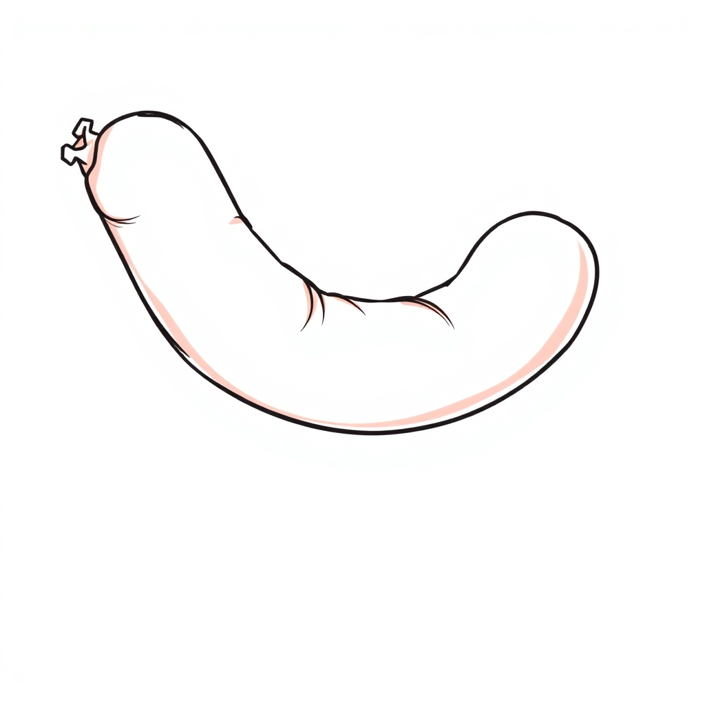 a red sausage, tense fabric, massive protruding bulge on one side of the balloon, side view, 2D, caricature, cartoon, Sketch lines, coloring book, coloring book style on white background, well composed, clean coloring book page, No dither, no gradient, strong outline, No fill, No solids, vector illustration, realistic proportions