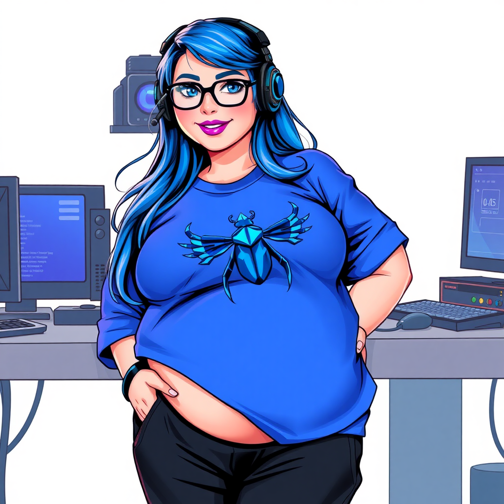 A cyberpunk vigilante's 28-year-old computer science major nerdy, full figured, heavily pampered computer hacker and tech-wiz girlfriend with long, maximum blue hair. She wears maximum blue lipstick and has bright blue eyes. Her outfit includes an oversized, maximum blue t-shirt (accentuating her gargantuan midsection) featuring a maximum blue gemstone beetle chest emblem. She sports black eyeglasses, black sweatpants, a sapphire headset with a maximum blue lensed HUD, with a beaming smile and neon red blush. Her full figure reflects the doting care of her vigilante boyfriend. As her boyfriend's tech-wiz, she primarily works in his hideout, operating from her workbench and her computer desk. The background is solid white. She has a prominent, round, gargantuan midsection. Her midsection is bloated to emphasize her full figure. She is drawn as if she was in a retro 2D cyberpunk fighting game.