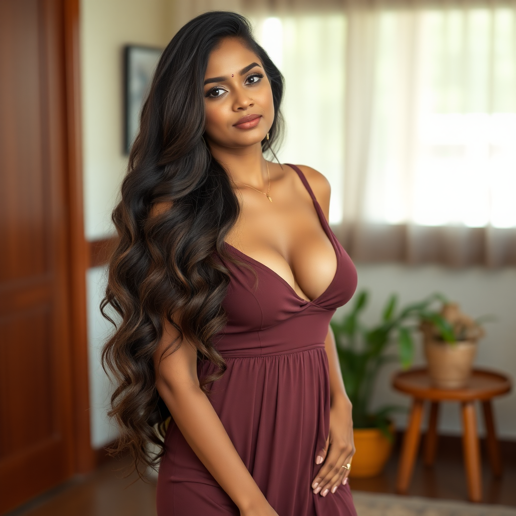 Pretty woman of Sinhalese ethnicity in her mid 20s with very long voluminized layered hair and huge breasts in a dress, hips, in an indoor scene.