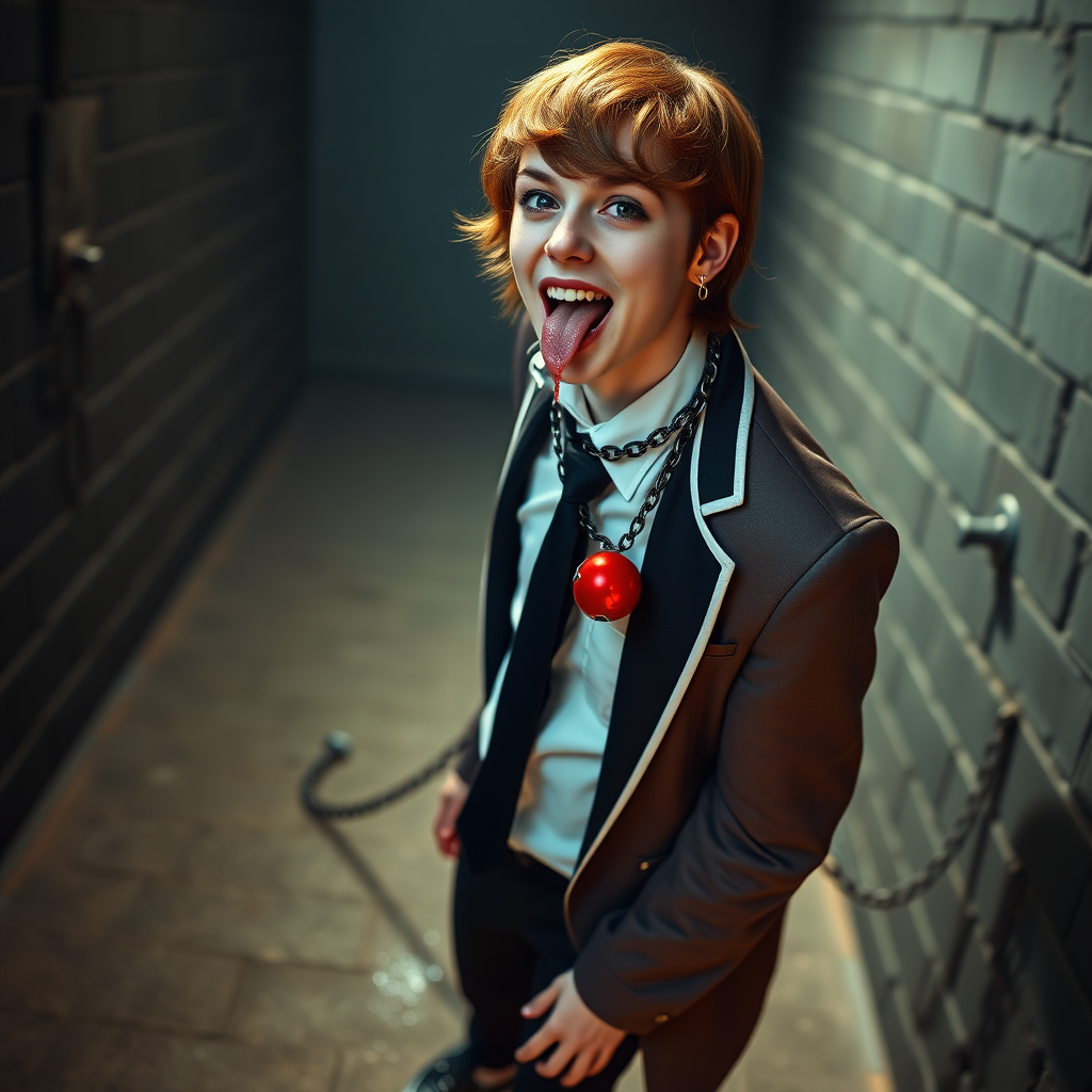 photorealistic, ultra high resolution, 16K, surreal fantasy, soft studio lighting, Tyler Swift is a pretty 18 year old goth male, slim male physique, auburn hair, goth makeup, earrings, shiny black pantyhose, school uniform shirt tie and blazer, Mary-Jane shoes, spikey neck collar chain and leash, red ball-gag, in a dungeon, the end of the leash is chained to the wall, in daylight, excited open mouth smile, drooling a stream of saliva, facing the camera.