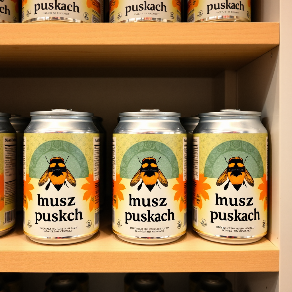 a small shelf with cans that have an image of home fly on the label and text saying "musz w puszkach", the text should say "musz w puszkach" with no errors, musz w puszkach, musz w puszkach, musz w puszkach, musz w puszkach