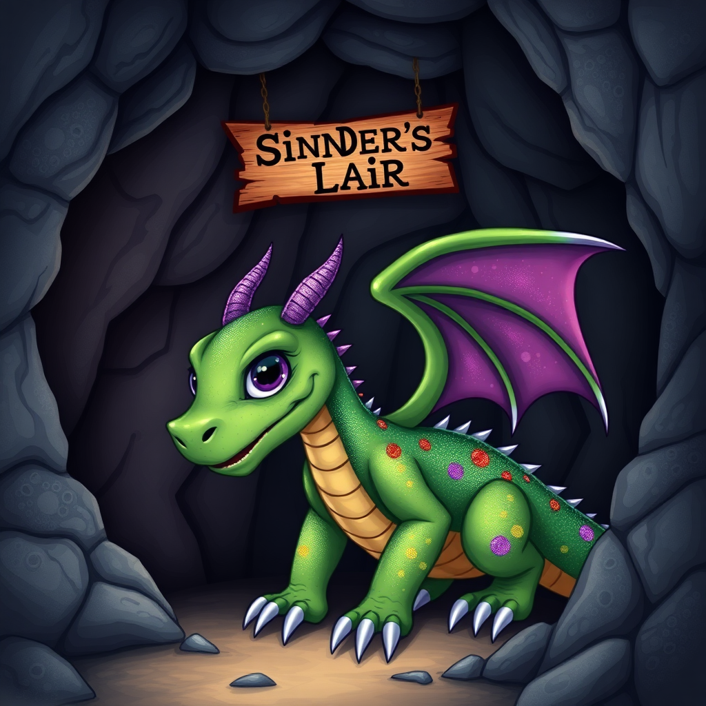 A green dragon with rainbow sparkly spots and purple skin and eyes but no horns in a dragon cave with a sign above it that says "Sinder's Lair"