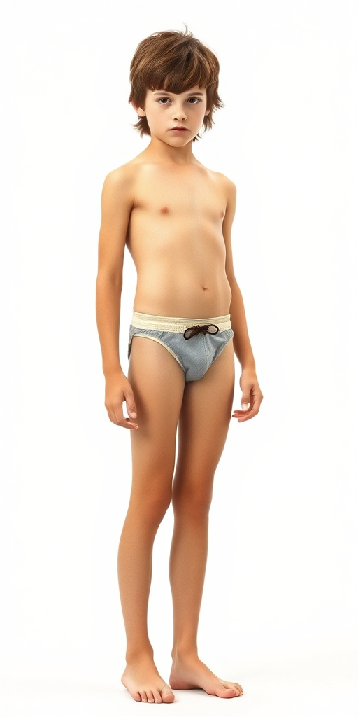 A skinny 14yo teen boy, long hairs bow cut, wearing little speedo, long legs, narrow thighs. full-length view. 1970s. photorealistic, ultra high resolution, 16K, Negative: grainy, blurry, bad anatomy, extra limbs, watermark.