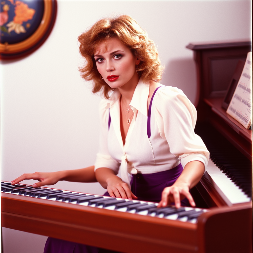 1980s woman piano photoshoot