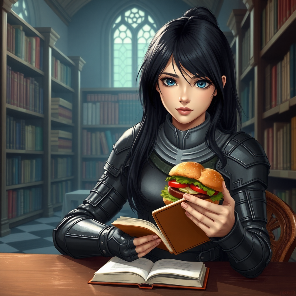 beautiful young woman, dark hair past her shoulders, blue eyes, small, slim figure, wearing full leather armor suit, sitting at table with sandwich, reading a book in a great library.