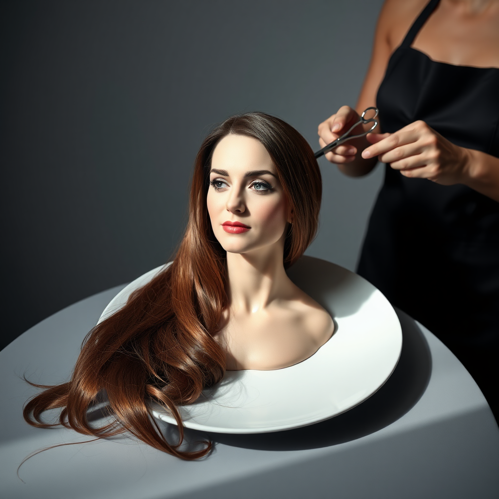 In a strikingly surreal scene, a beautifully crafted porcelain plate holds the disembodied head of a graceful Kate Middleton, her long, flowing hair cascading around like a luxurious waterfall of silky strands, shimmering in various shades of deep chestnut. Each hair seems to catch the light, creating an almost ethereal glow. Nearby, a meticulous hairdresser, dressed in a sleek black apron, carefully snips away at Kate's locks with precision scissors, their actions fluid and deliberate, emphasizing the delicate artistry of the moment.

The setting boasts minimalist decor, with a plain gray background that heightens the focus on this bizarre tableau. Soft shadows play across the smooth surface of the plate, enhancing the haunting beauty of Kate's serene expression, which conveys both elegance and an uncanny sense of stillness. The atmosphere is a blend of surreal calm and unsettling intrigue, pulling the viewer into a dreamlike space where reality and imagination intertwine. Gentle noises of scissors softly clipping away hair are the only sounds in this peculiar yet captivating scenario, heightening the tension and drawing viewers into this striking juxtaposition of beauty and the bizarre.