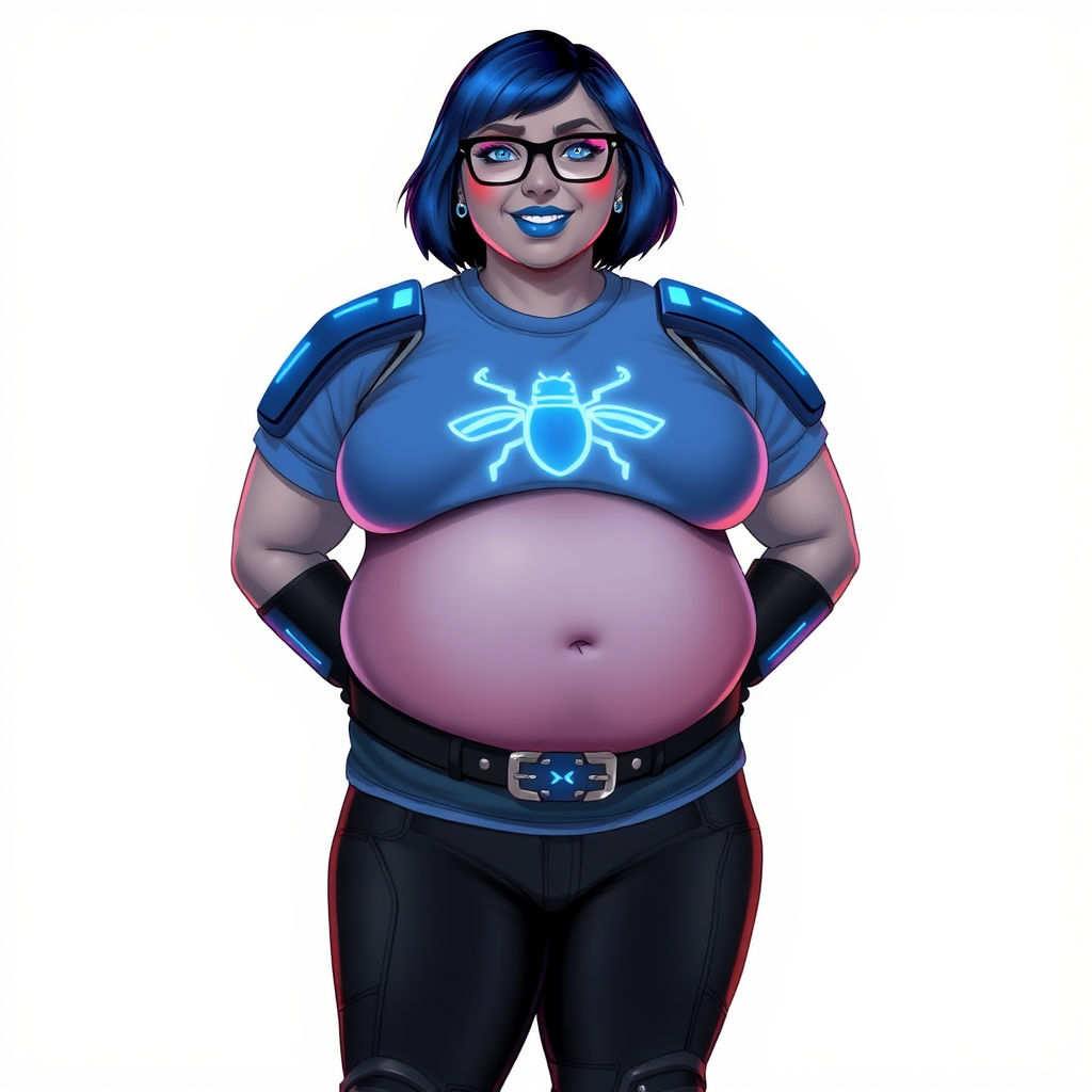 A 28-year-old, full-figured, middle gray skinned computer program hybrid with a maximum blue bob cut. She has a non-athletic build, highlighted by a prominent, round, large midsection (with heavy emphasis on her belly). As a digital sidekick, computer hacker, and nerdy girlfriend to her cyberpunk vigilante boyfriend, her middle gray metallic skin and maximum blue lipstick emphasize her digital nature. She wears a digital, computerized costume consisting of a gargantuan, tight-fitting, maximum blue t-shirt with a neon blue beetle chest icon, hi-tech shoulder pads with neon blue accents, a black belt with a digital neon blue glowing beetle buckle, black biker pants with neon blue glowing accents, and black hi-tech gloves with neon blue glowing accents. Her bright blue eyes, black eyeglasses, and lovestruck smile with neon red blush accentuate her nerdiness. She stands bashfully with her hands behind her back, her costume covering all her skin and emphasizing her full-figured physique (especially her belly). She is clearly non-athletic, with a focus on her full-figured physique. Despite her build, she radiates beauty. She is on a solid white background. She is drawn as if she was in a retro 2D cyberpunk fighting game.